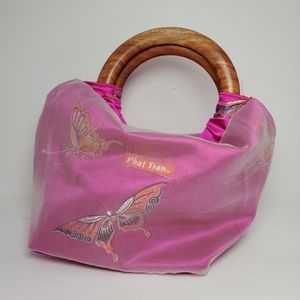 Phat tran butterfly silk handbag wooden handles translucent overly hot pink